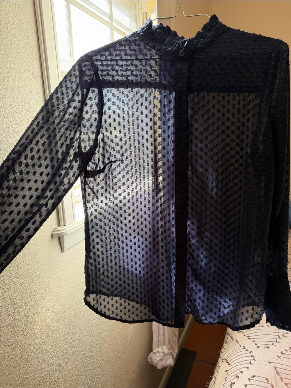 Sheer Dot Mesh Long-Sleeve Blouse - Navy Blue